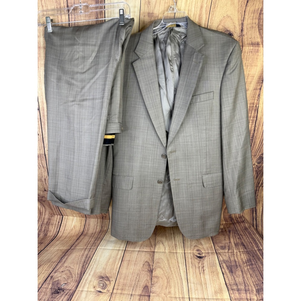 Jos. A. Bank Signature Gold Suit Glen Plaid Tan Gray 2-Button Pleated Cuffed 30L